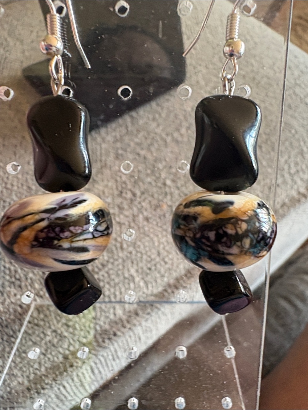 Hand Crafted Black and Multicolor Swirl Glass Dangle Earrings